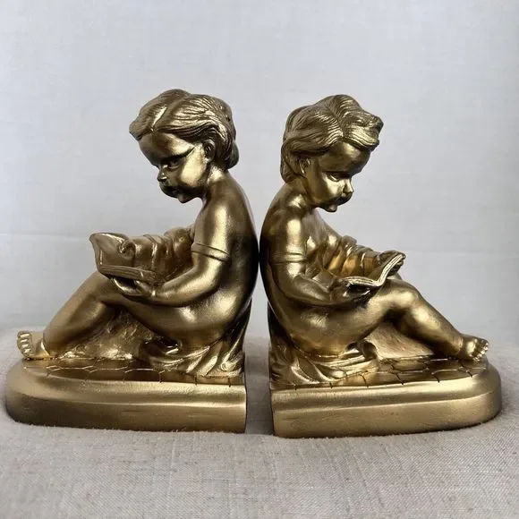Vintage Pair faux Brass Bookends Boy Reading a Book~Gold Art Deco Decor~Cherubs - Picture 10 of 10
